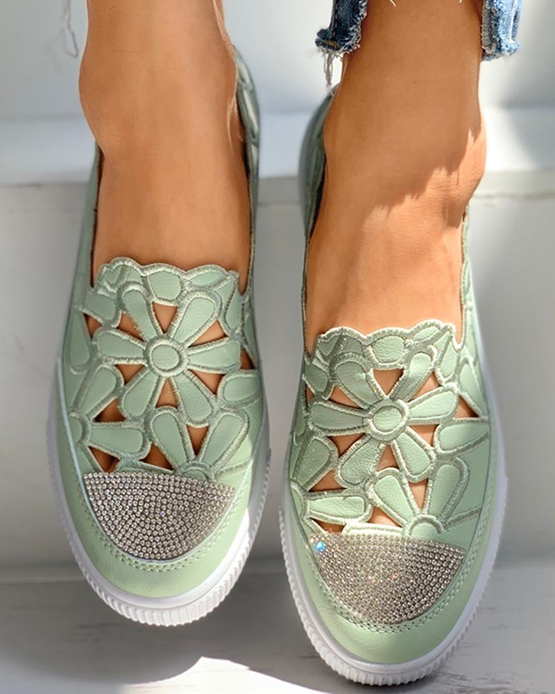 

Floral Pattern Studded Hollow Out Casual Shoes, Green