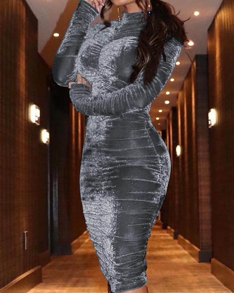 

Velvet Mock Neck Ruched Bodycon Dress, Gray
