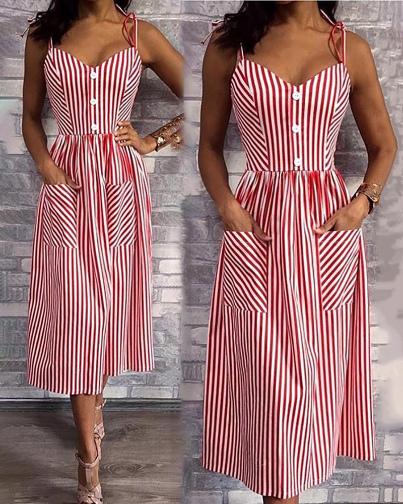 

Tied Spaghetti Strap Striped Casual Dress, Red