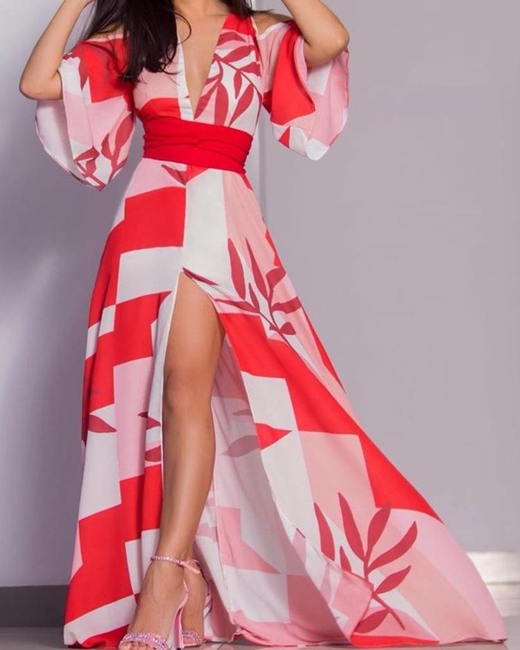 

Colorblock Plunge Cold Shoulder Thigh Slit Maxi Dress
