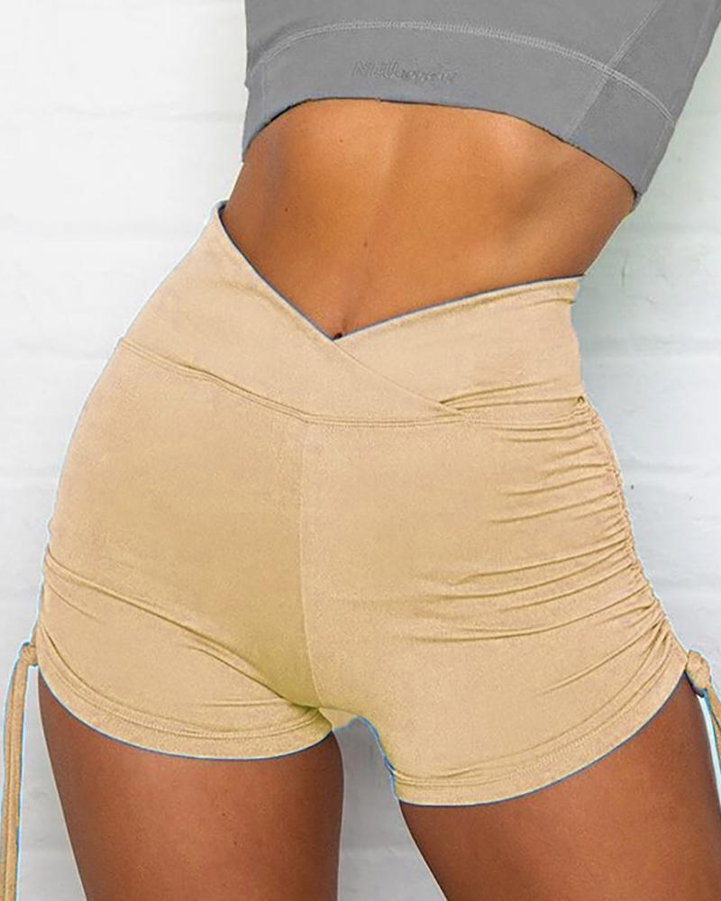 

High Waist Side Drawstring Sporty Shorts, Khaki