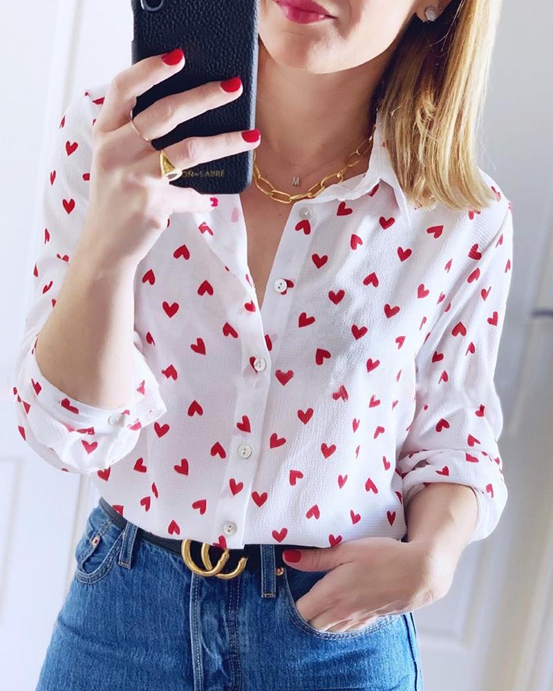 

Heart Print Buttoned Design Casual Shirt, Red