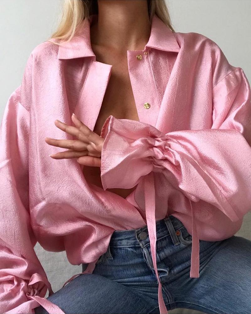 

Solid Lantern Sleeve Tied Detail Shirt, Pink