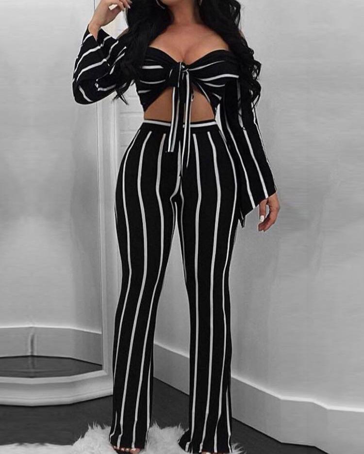 

Striped Off Shoulder Knot Top & Pant Sets, Black