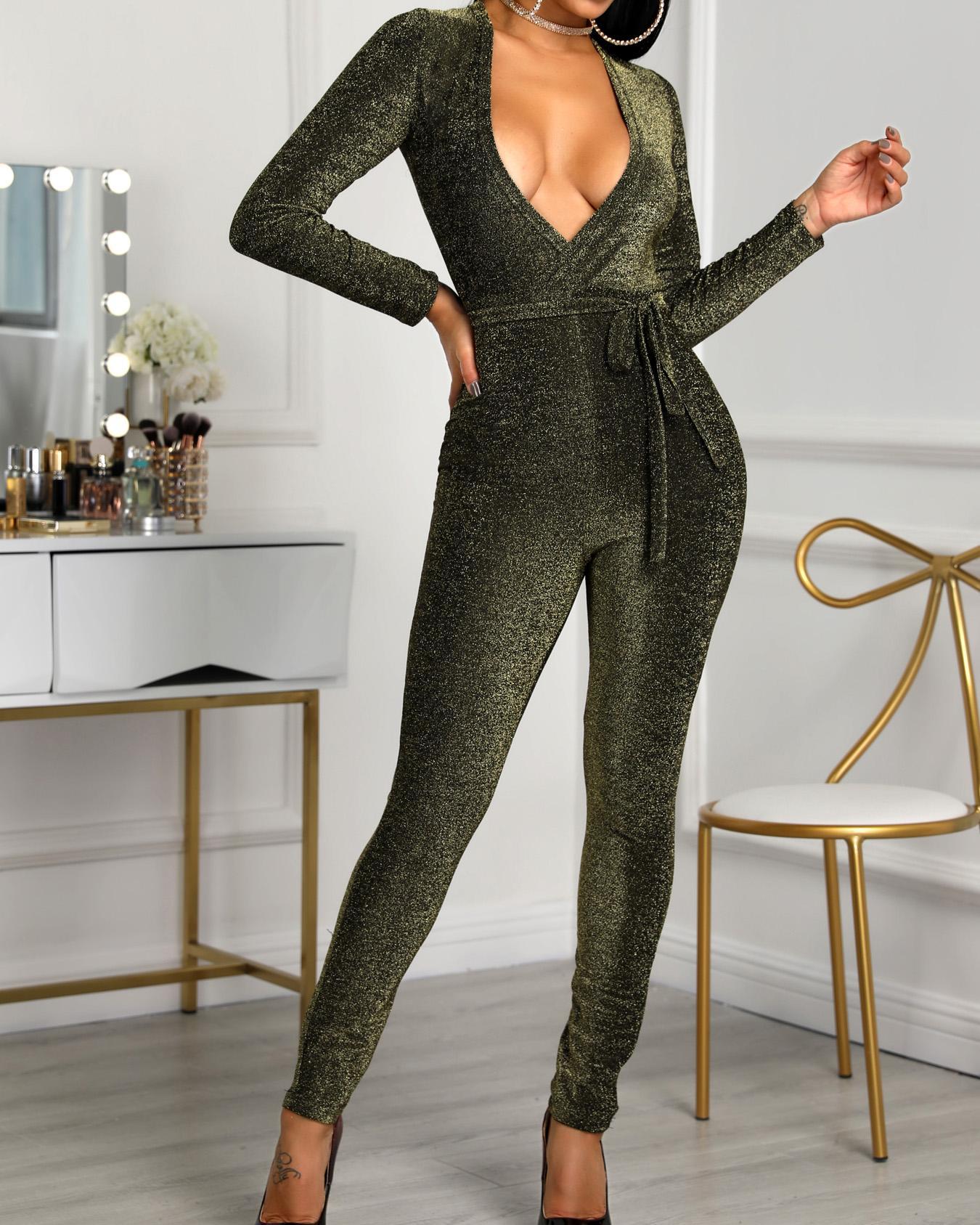 

Deep V-Neck Tied Waist Slinky Jumpsuit