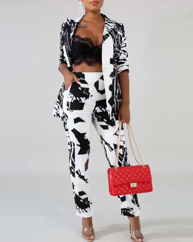

Abstract Print Buttoned Top & Casual Pant Sets, Black