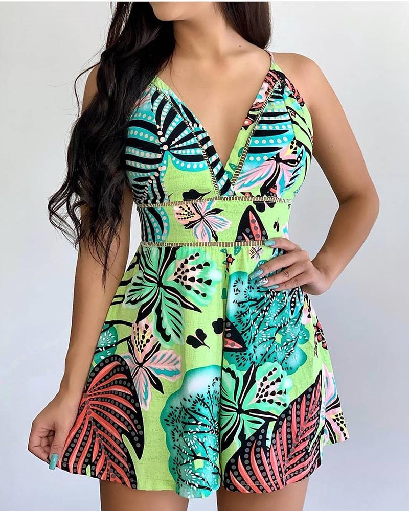 

V-Neck Hollow Out Botanical Print Dress, Green