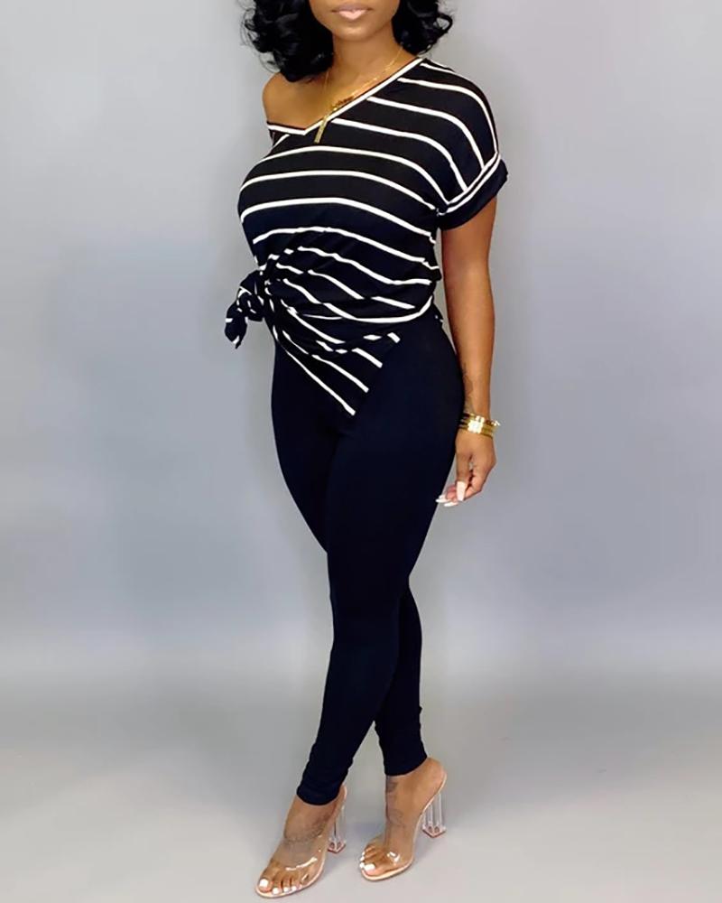 

V Neck Striped Side Slit T-shirt & Sporty Pants Sets, Black