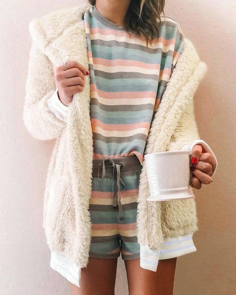 

Striped Pocket Design Teddy Coat, Beige