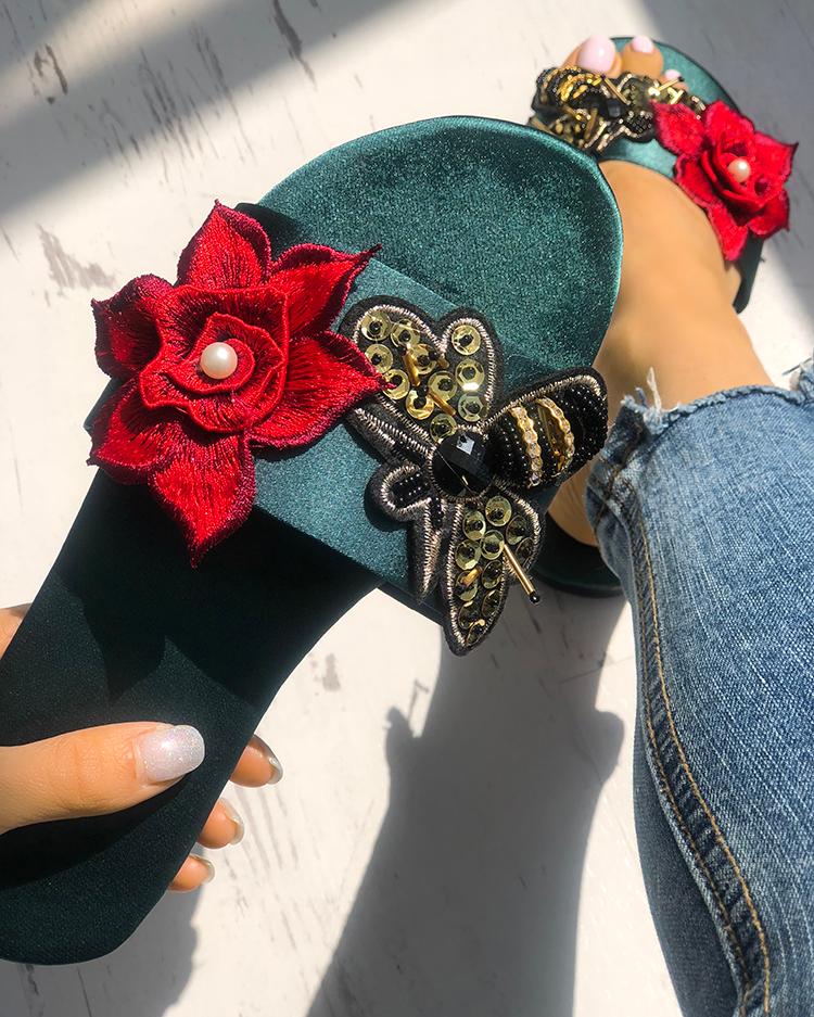 

Bee & Floral Embellished Single Strap Flat Sandal, Green