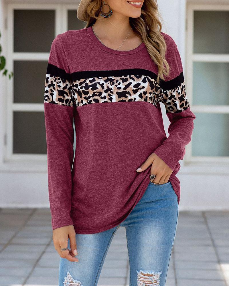 

Cheetah Print Colorblock Long Sleeve Casual Top, Wine red
