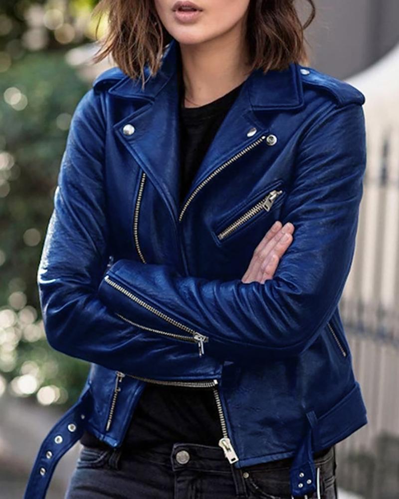 

Zipper Button Design PU Leather Coat, Dark blue