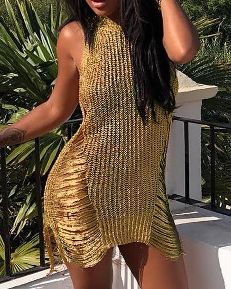 

Glitter Sleeveless Tassel Cover Up, Gold