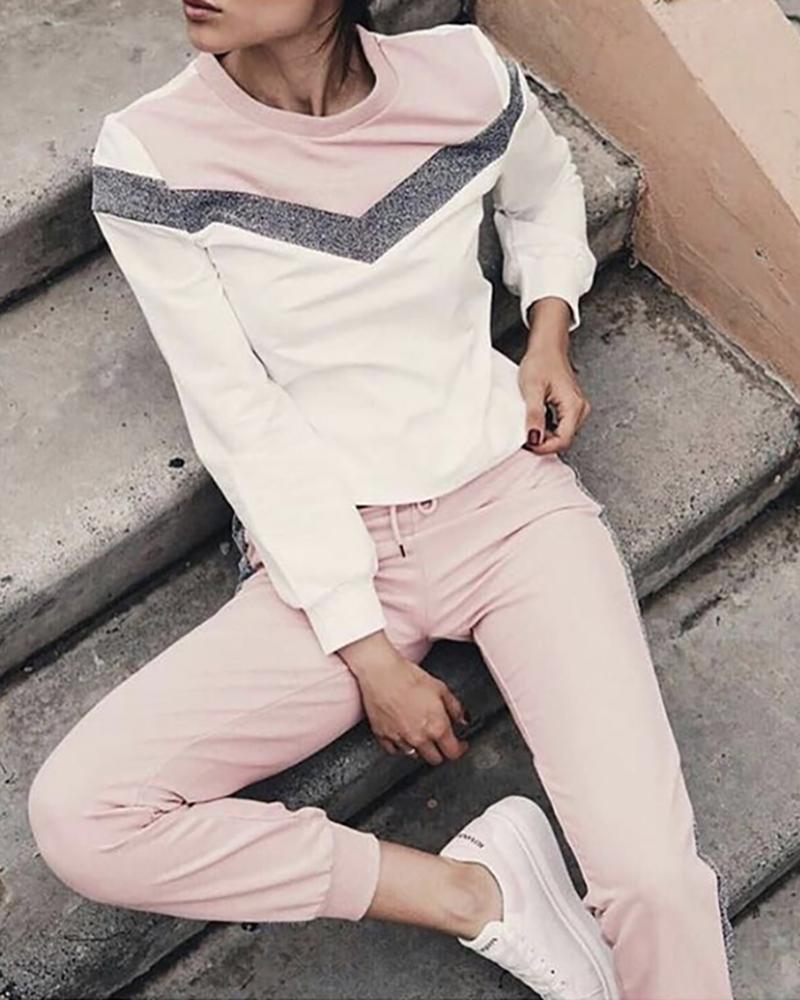 

Colorblock Patchwork Long Sleeve Suit Sets, Pink