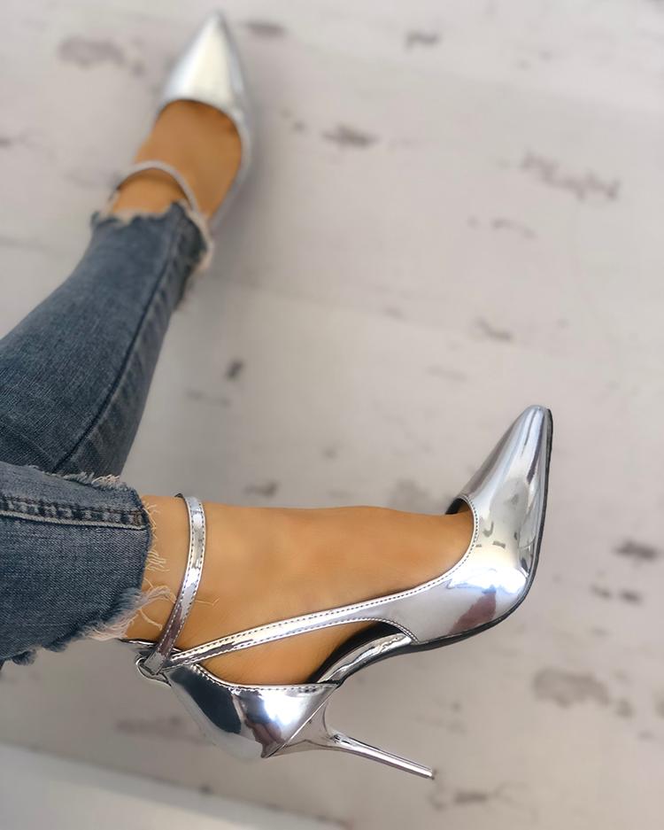 

Solid Color Buckle Cutout Pointed Toe Heels, Silver
