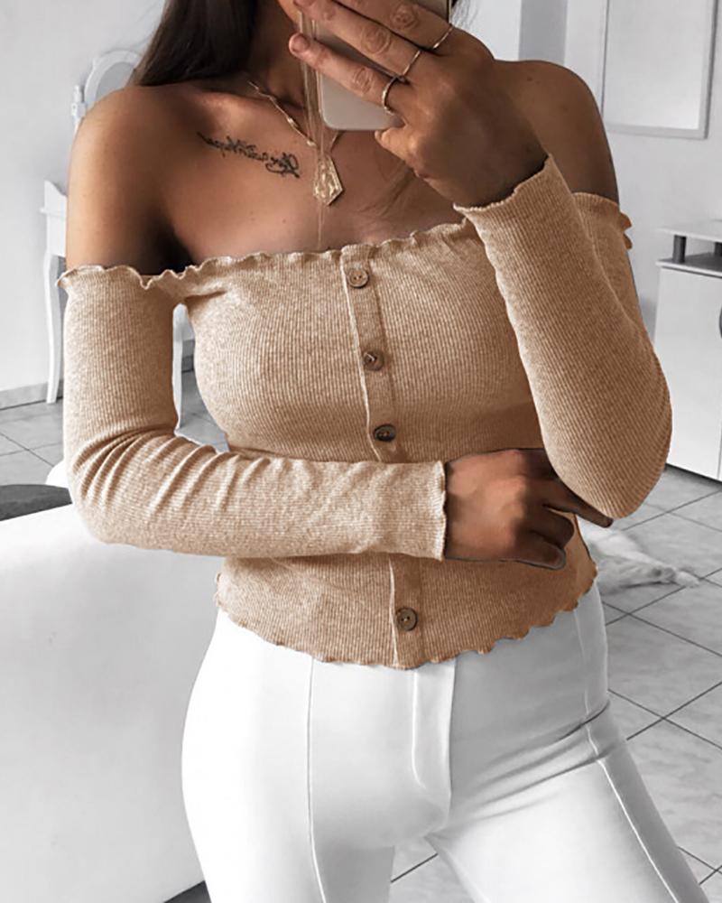 

Plain Off Shoulder Button Design Frill Hem Top, Khaki