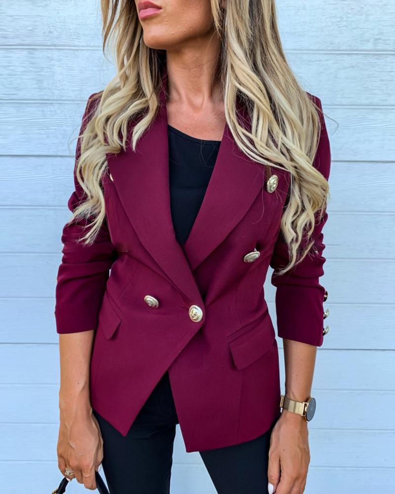 

Popper Cuff Double-breasted Notched Collar Blazer, Purple