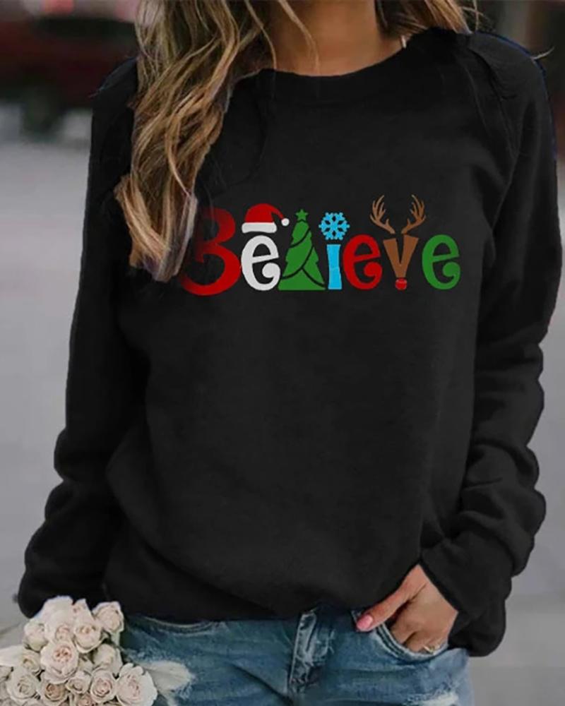 

Christmas Letter Print Long Sleeve Sweatshirt, Black