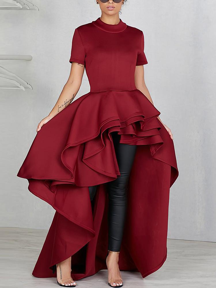 

Flounce Dip Hem Irregular Casual Dress, Red