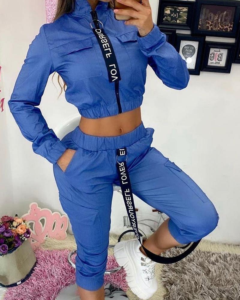 

Pocket Design Letter Print Coat & Cargo Pants Sets, Blue