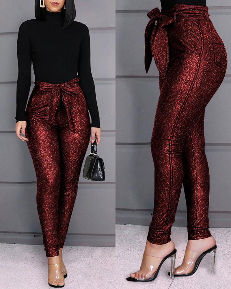 

High Waist Belted Glittering Pants, Red