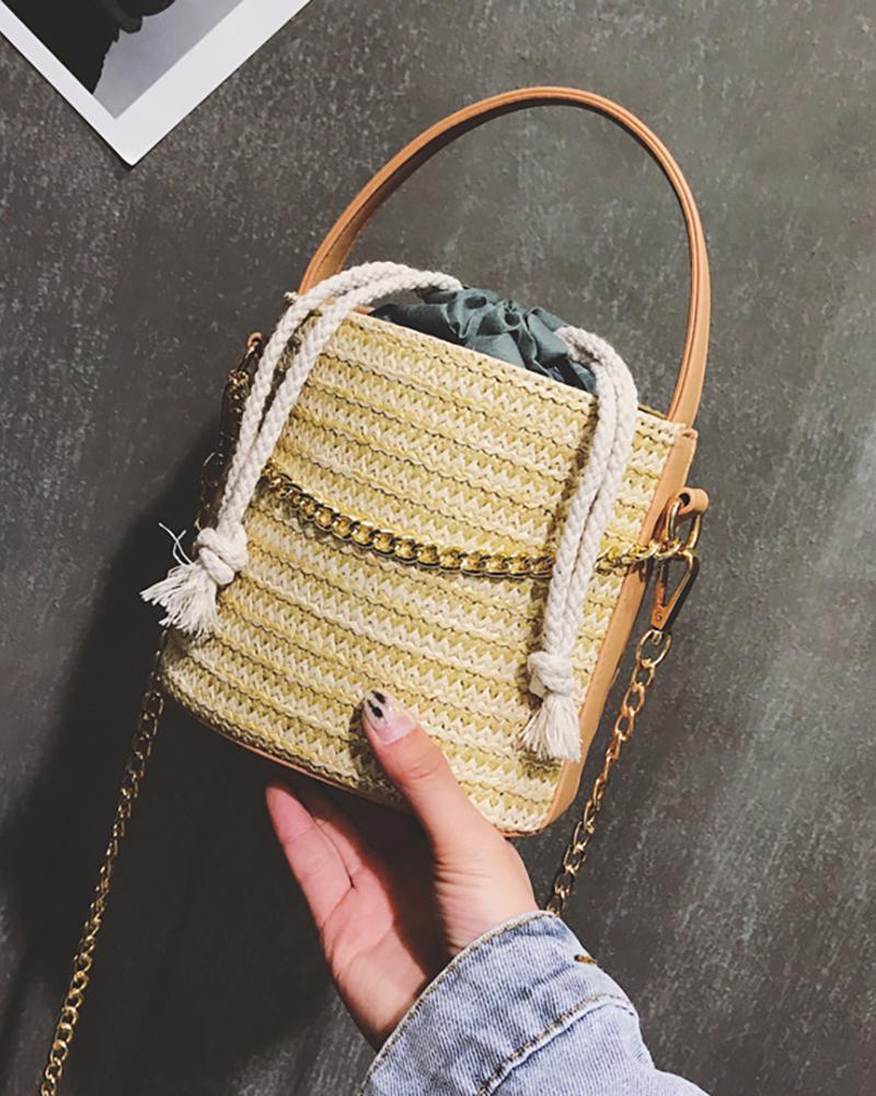 

Colorblock Straw Woven Chain Design Bucket Tote Bag, Khaki