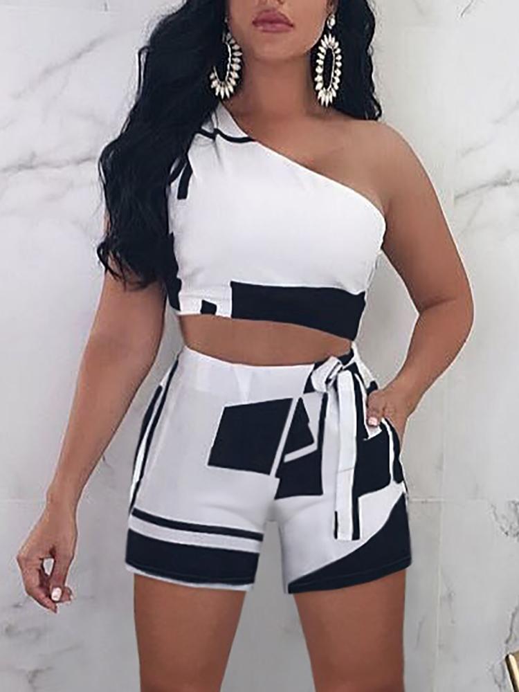

Colorblock One Shoulder Crop Top & Shorts Set, Black