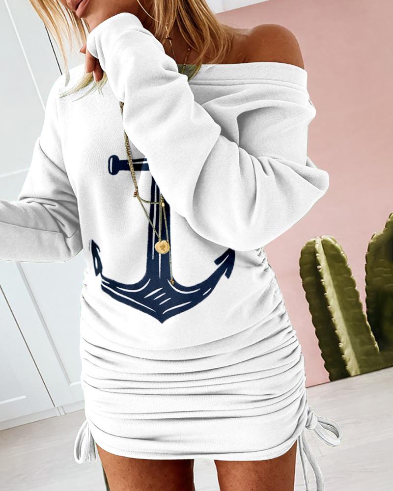 

Boat Anchor Print Ruched Sweatshirt Dress, White