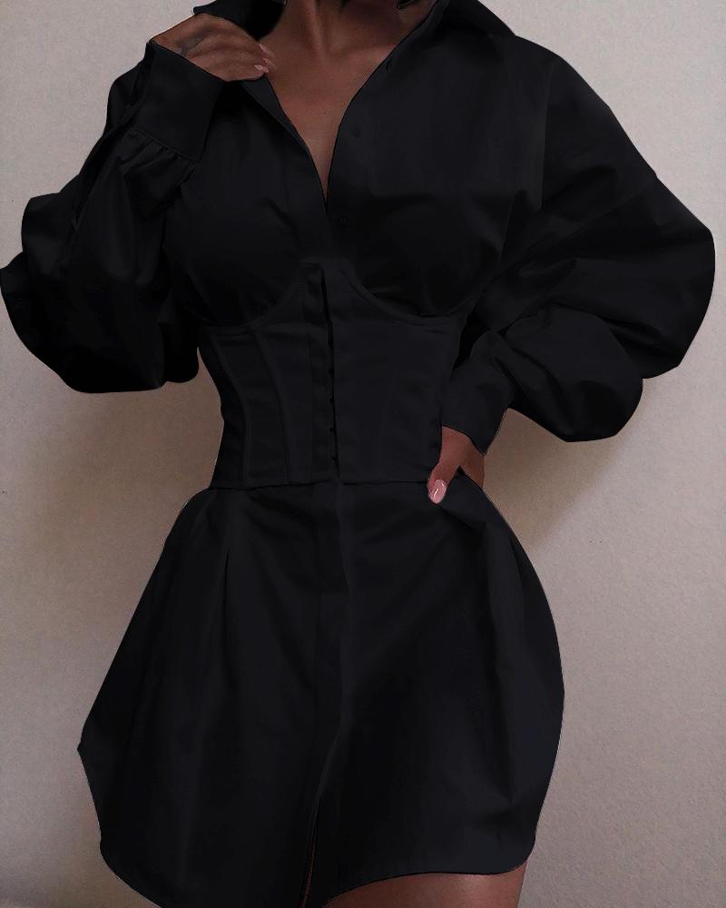 

Solid Long Sleeve Tight Waist Buttoned Shirt Dress, Black