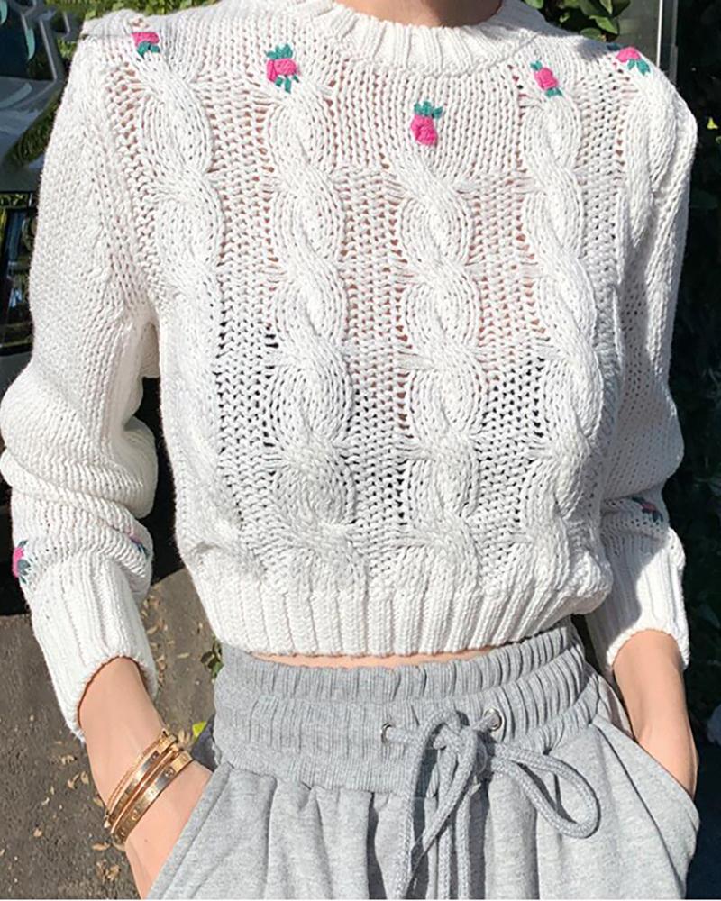 

Floral Pattern Knit Crop Top, White