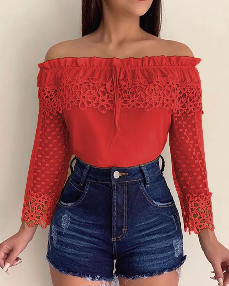 

Off Shoulder Crochet Lace Casual Blouse, Red