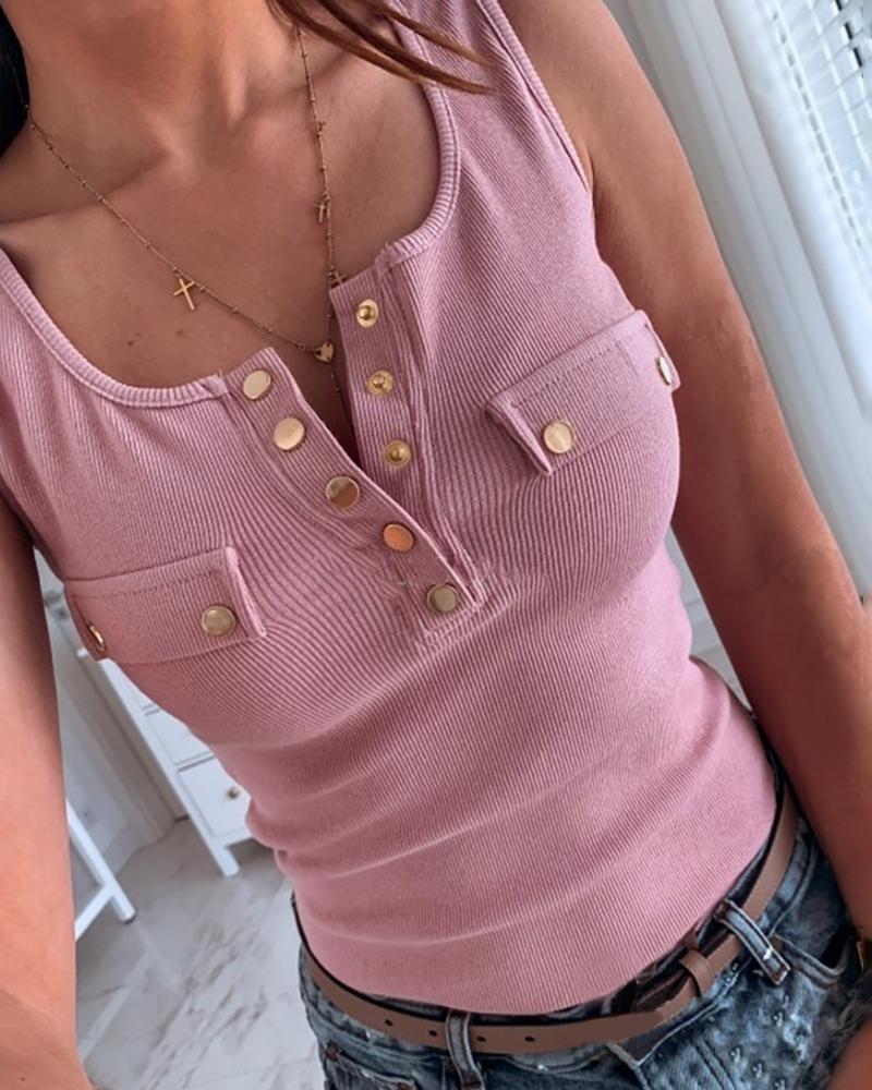 

Metal Buttoned Ribbed Sleeveless Top, Pink
