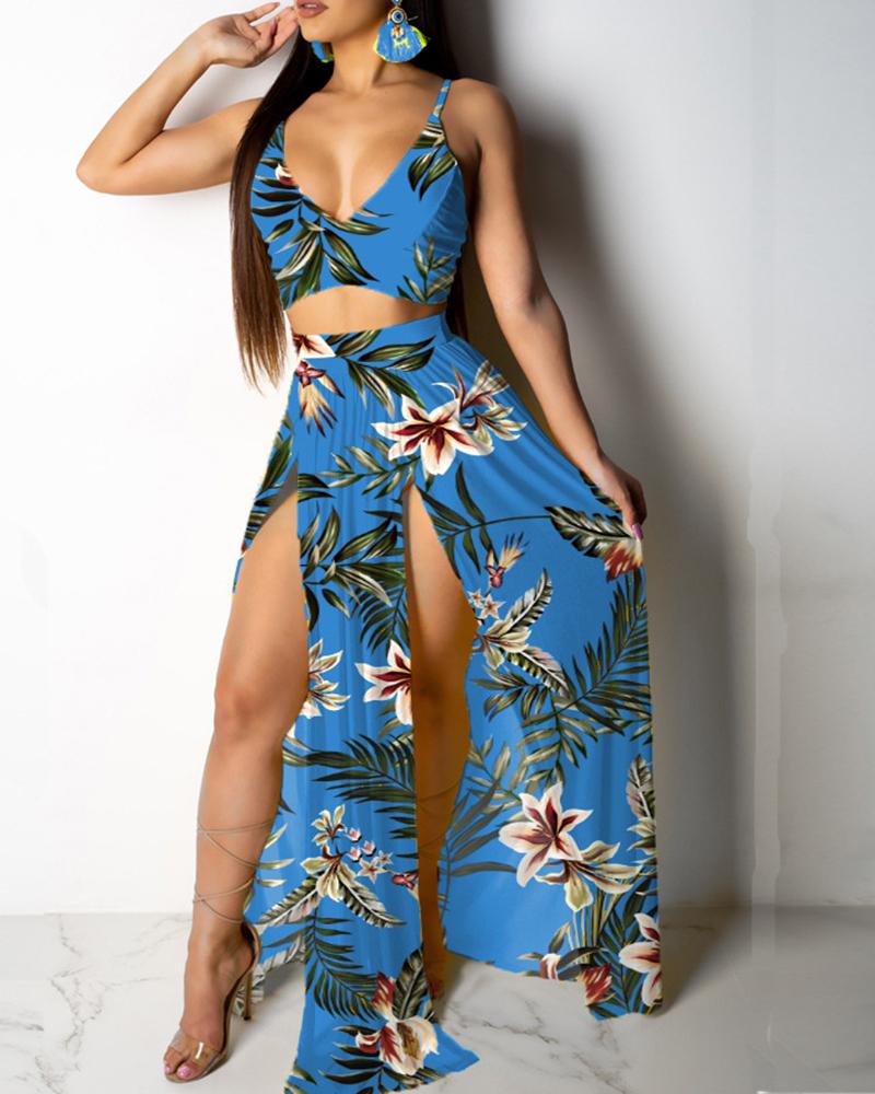 

Tropical Print Cami Top & Thigh Slit Skirt Sets, Blue