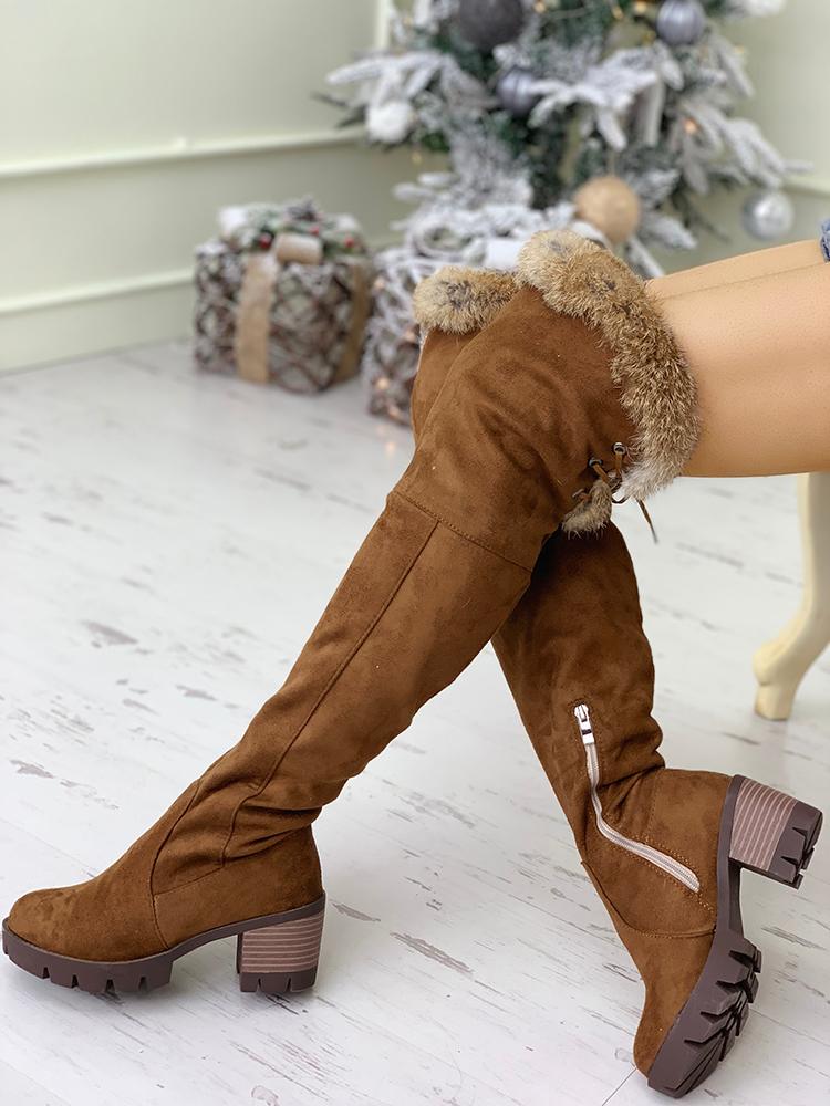

Fluffy Embellished Over Knee Chunky Heel Boots