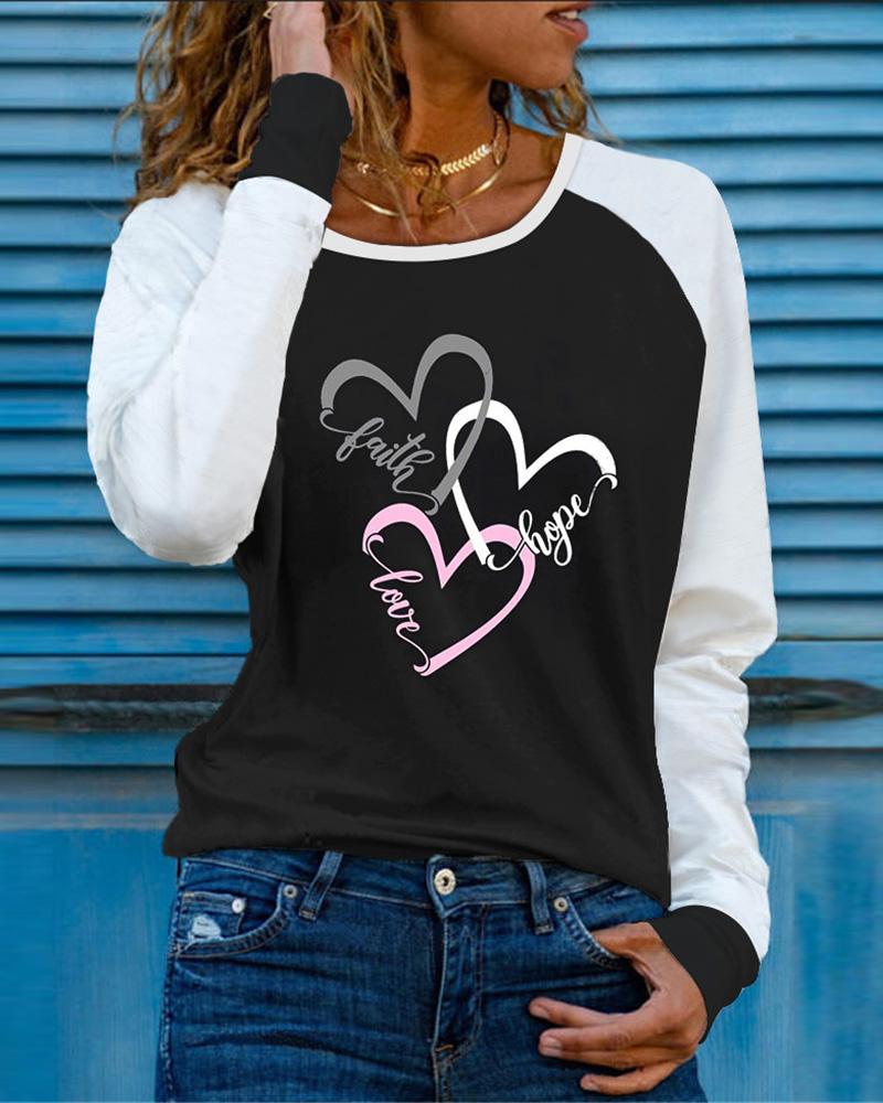 

Heart Letter Print Colorblock Long Sleeve Top, Black