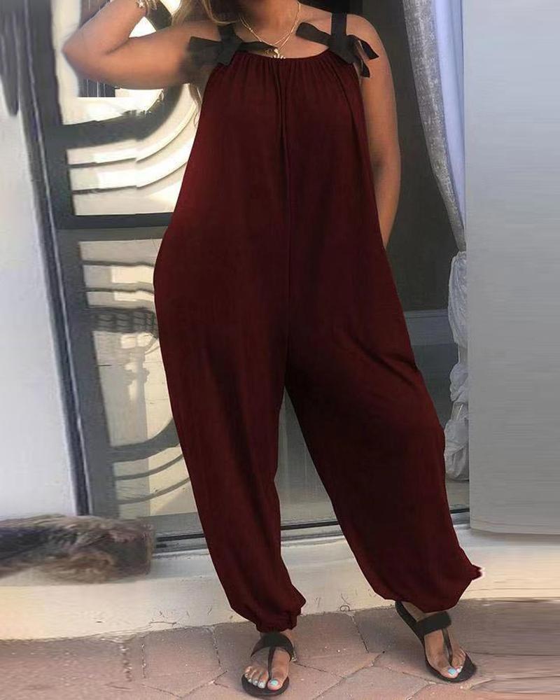 

Bowknot Strap Casual Loose Jumpsuits, Wine red