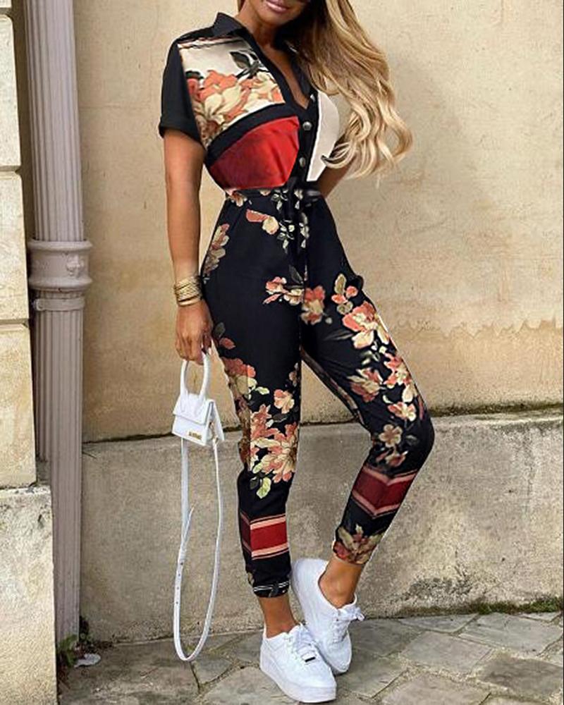 

Floral Print Short Sleeve Jumpsuit, Black