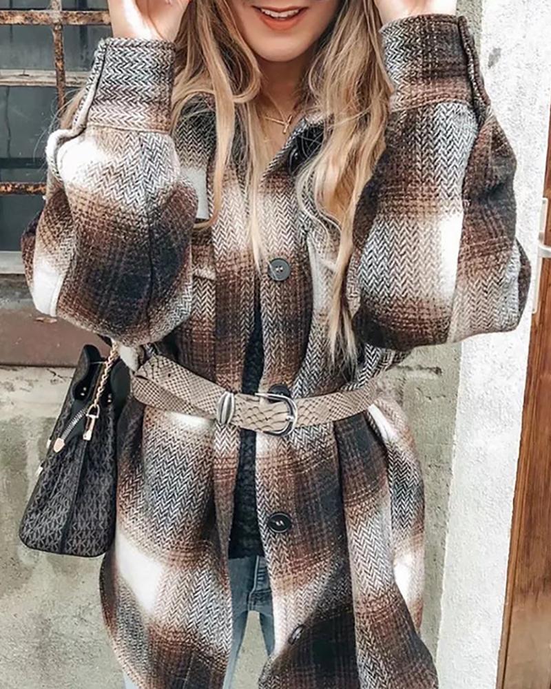 

Plaid Print Button Pocket Design Casual Coat, Brown