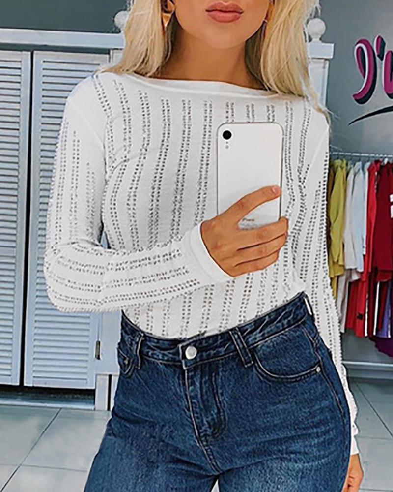 

Hot Stamping Round Neck Long Sleeve Blouse, White