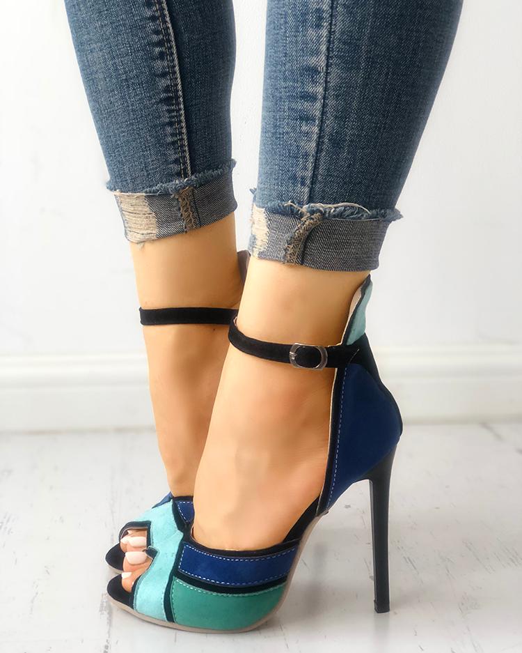 

Colorblock Ankle Strap Thin Heeled Sandals, Blue