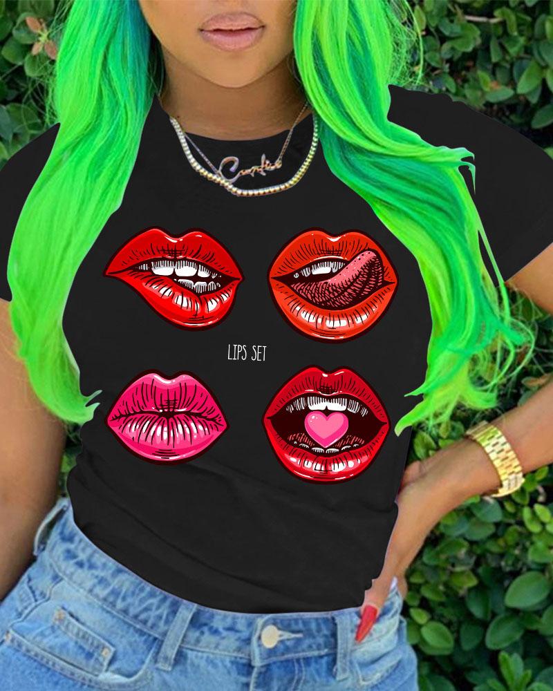 

Lip Letter Print Short Sleeve Casual T-shirt, Black