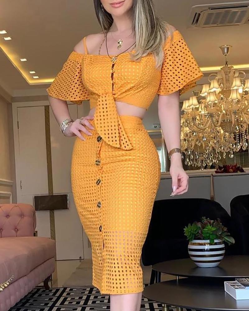 

Hollow Out Bell Sleeve Knot Top & Skirt Set, Yellow