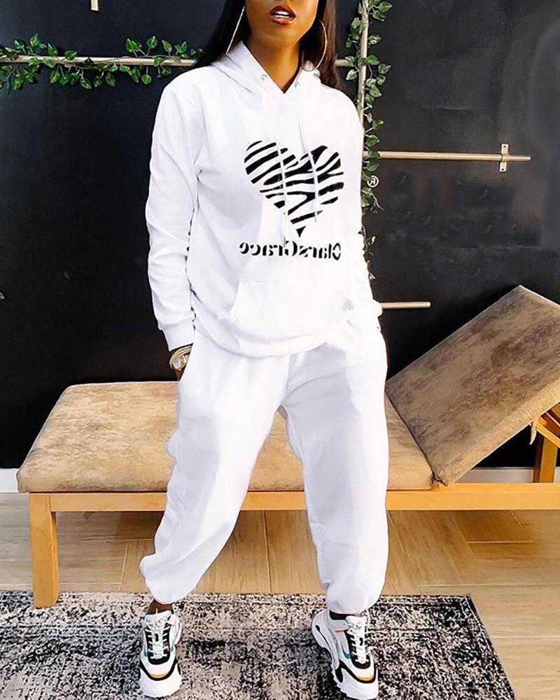 

Letter Heart Print Hooded Top & Pocket Design Pants Set, White