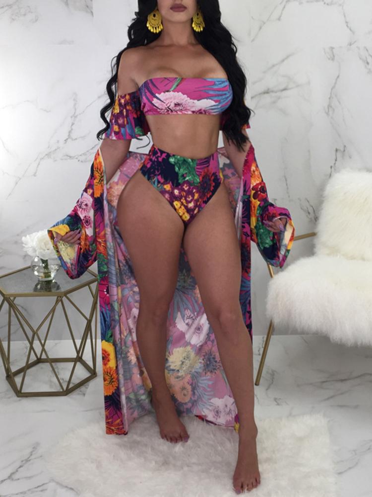 

3PCs Print Tied Ripped Off Shoulder Bikini With Cover Ups, Multicolor