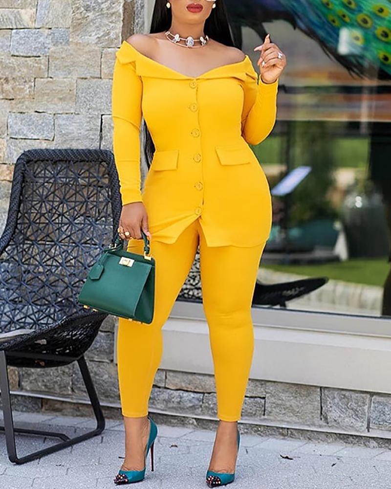 

Off Shoulder Long Sleeve Buttoned Top & Pants Sets, Yellow