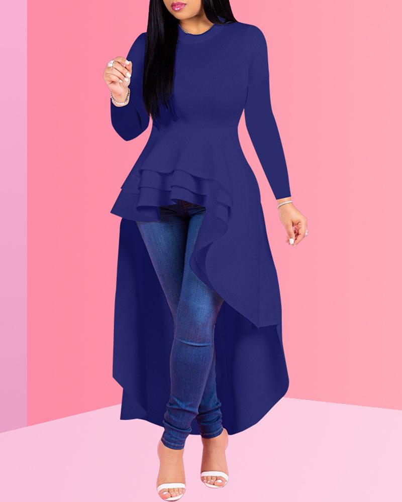 

Solid Ruffles Dip Hem Long Sleeve Blouse, Dark blue