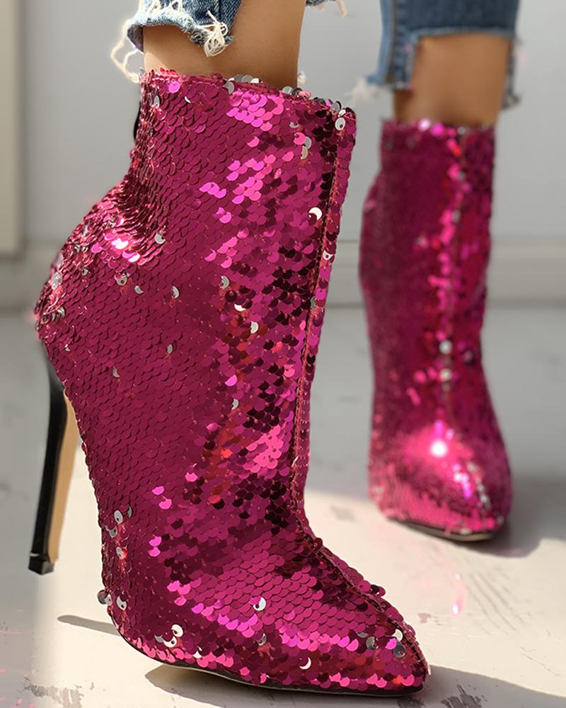 

Colorful Sequins Design Thin Heels Boots, Rose red