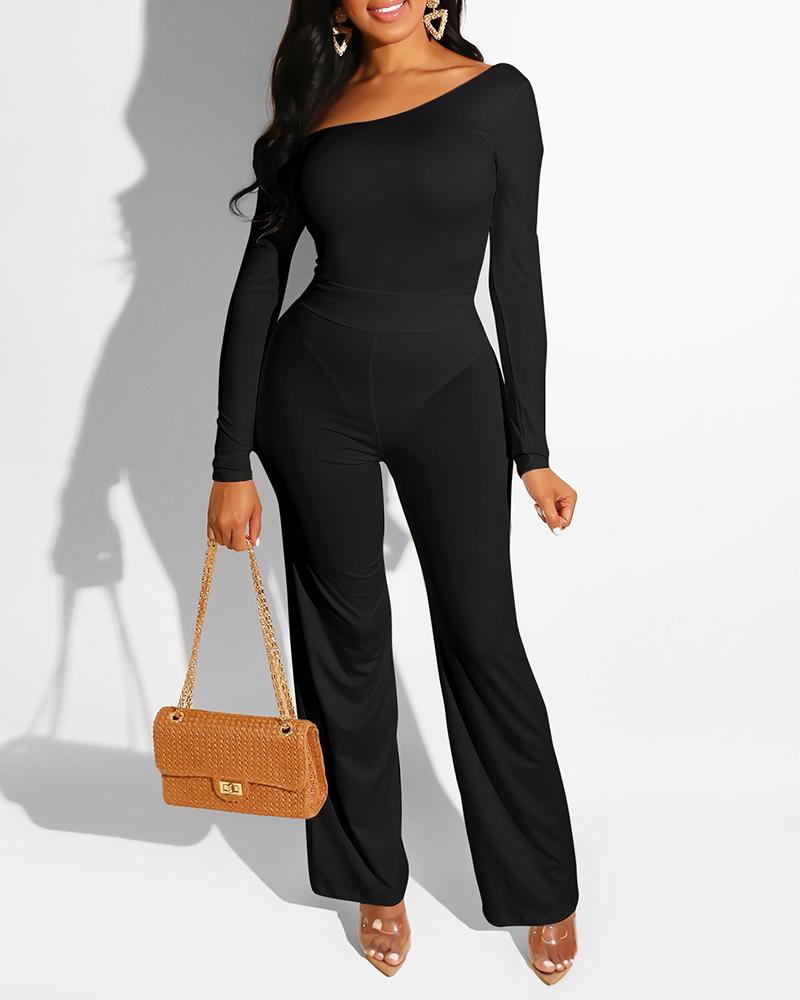 

Solid Long Sleeve Skew Neck Jumpsuit, Black