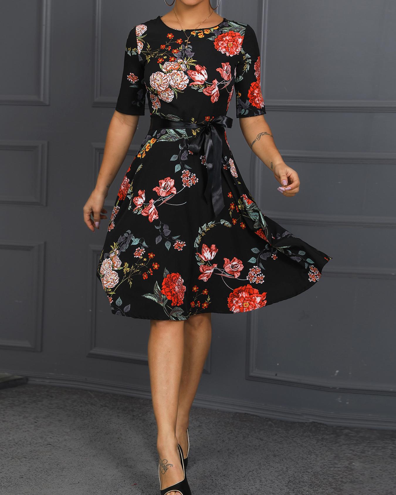 

Floral Print Ruched Design Midi Dress, Black