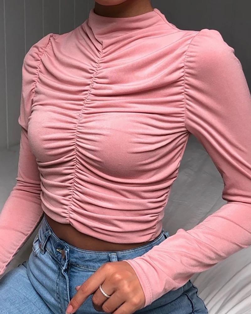 

Ruched Long Sleeve Crop Top, Pink